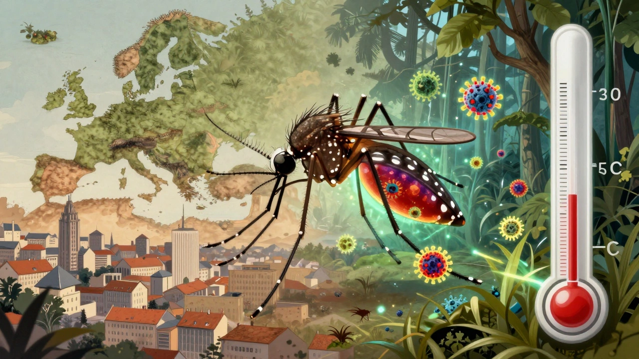 Magnified mosquito with glowing virus particles multiplying as temperature rises, set against shifting disease zones.