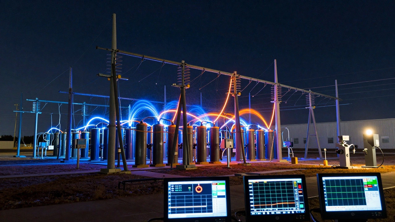 Nighttime battery storage facility with energy pulses flowing to critical infrastructure during a storm, under a starry sky.
