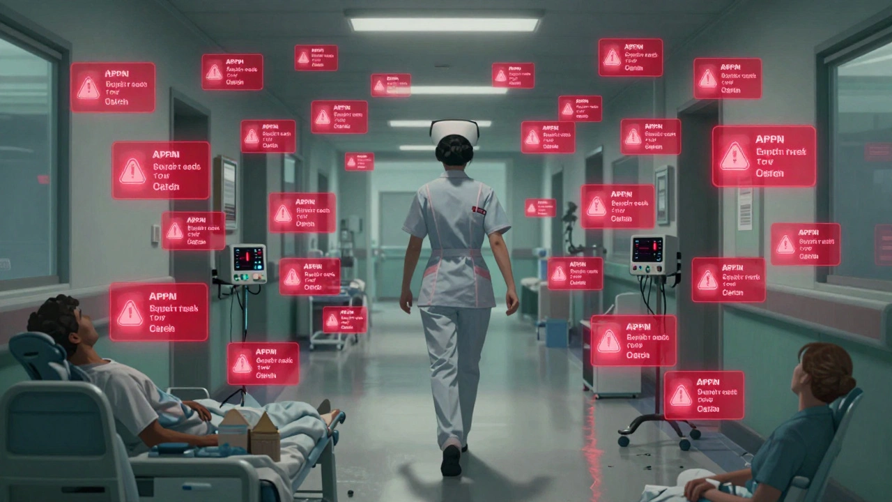 Nurse surrounded by overwhelming AI alert notifications in hospital corridor.
