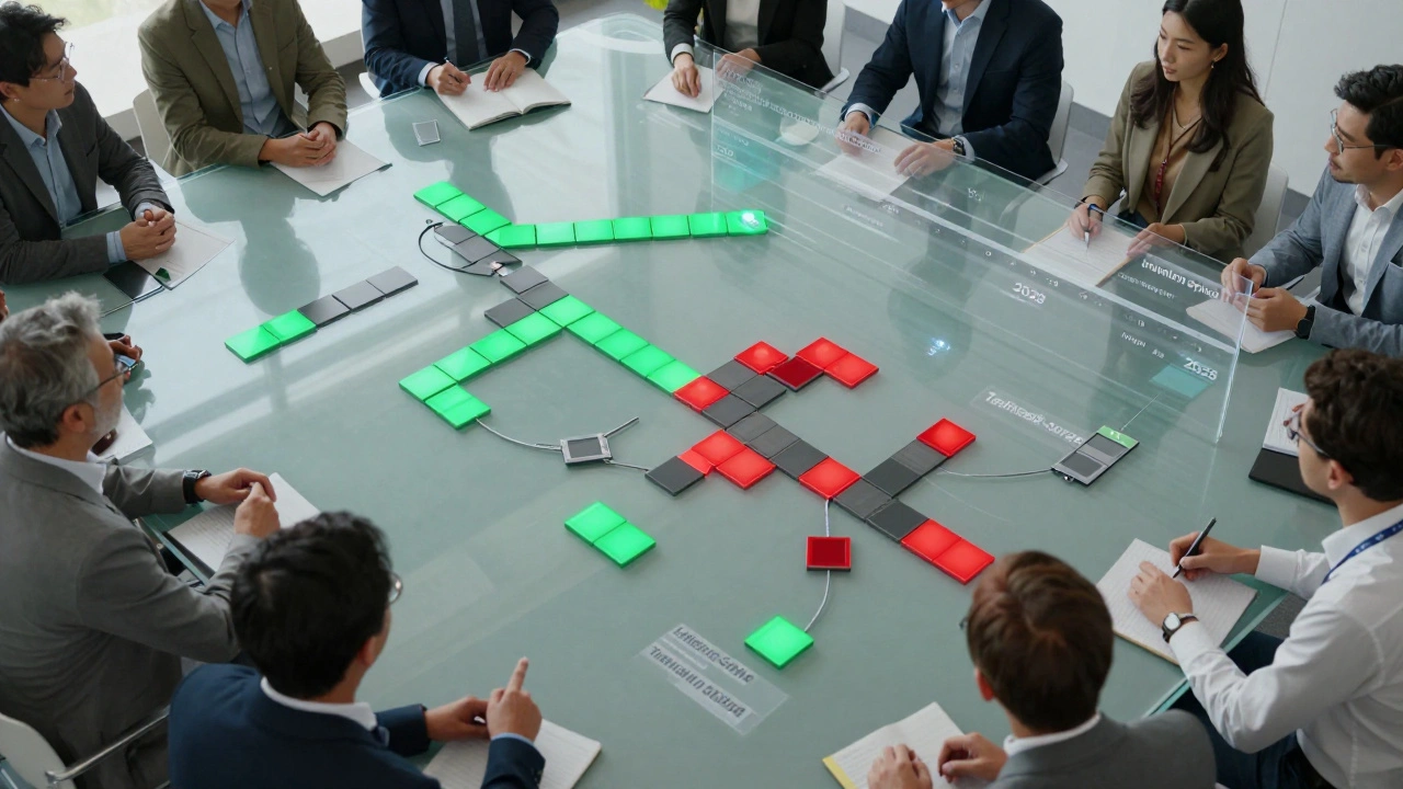 Overhead view of a dynamic scenario map with shifting tiles and team members analyzing real-time future triggers.