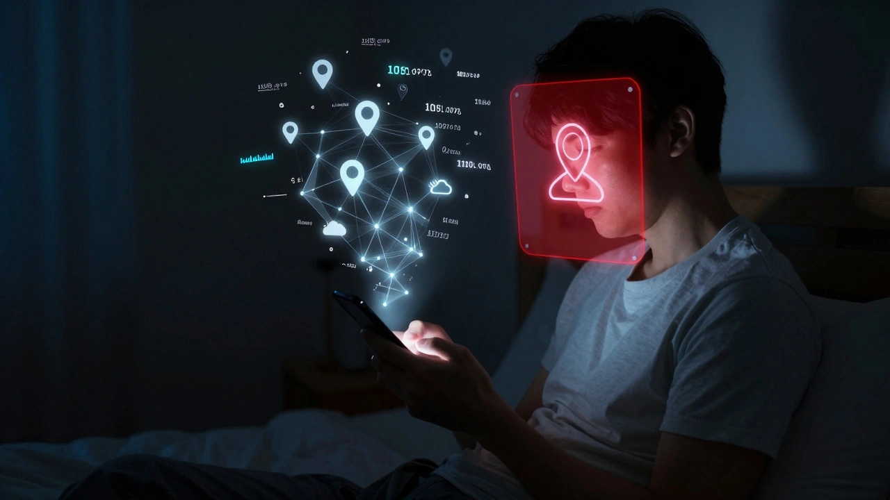 Person scrolling on phone at night with floating data points and a privacy shield blocking invasive personalization.