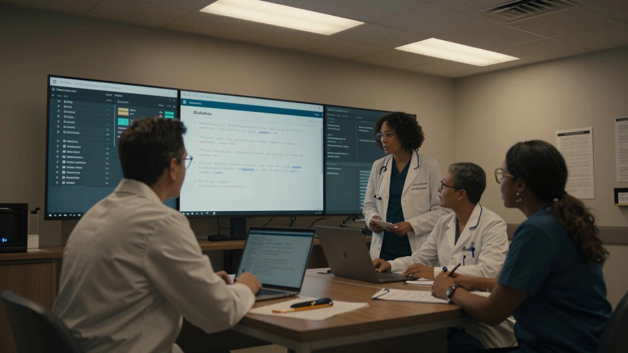 Primary care team reviewing patient data together, integrating medical, social, and behavioral health information.