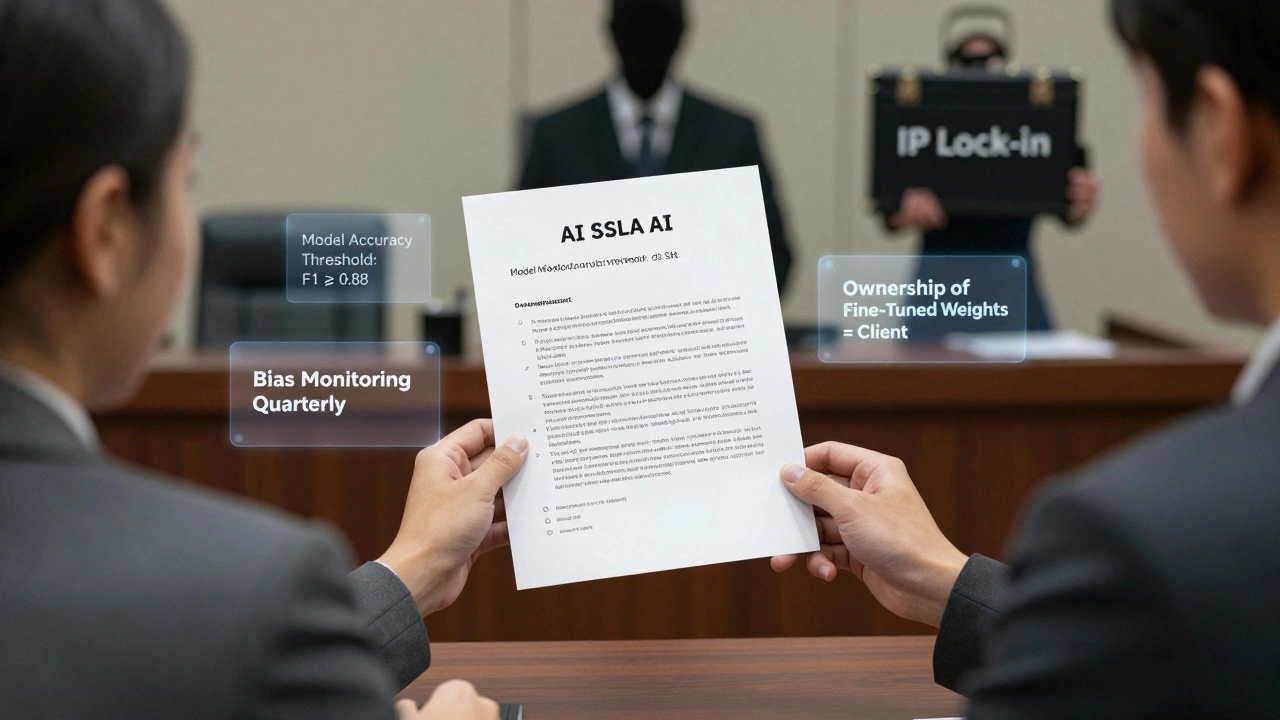 Procurement team negotiating AI contract terms with floating SLA clauses and a locked IP briefcase in the background.
