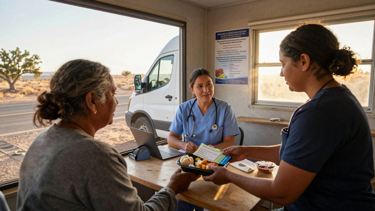 Rural clinic with mobile van serving patients, combining telehealth with food and transportation support at sunrise.