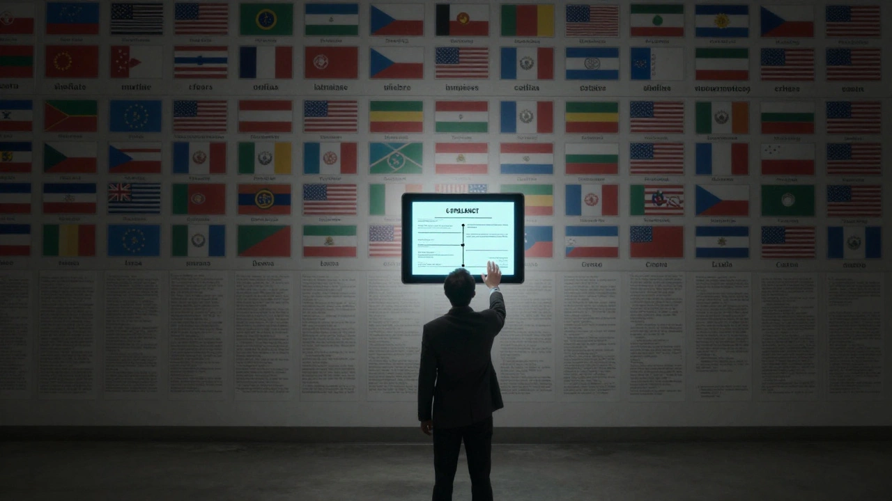 Small business owner confronted by overwhelming international legal requirements, aided by a compact AI tool.