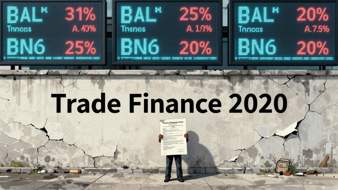 Small business owner facing a crumbling trade finance wall as tariff alerts loom above