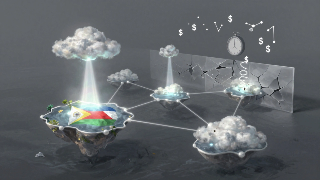 Sovereign cloud islands isolated from global network, protected by legal boundaries under rising compliance indicators.