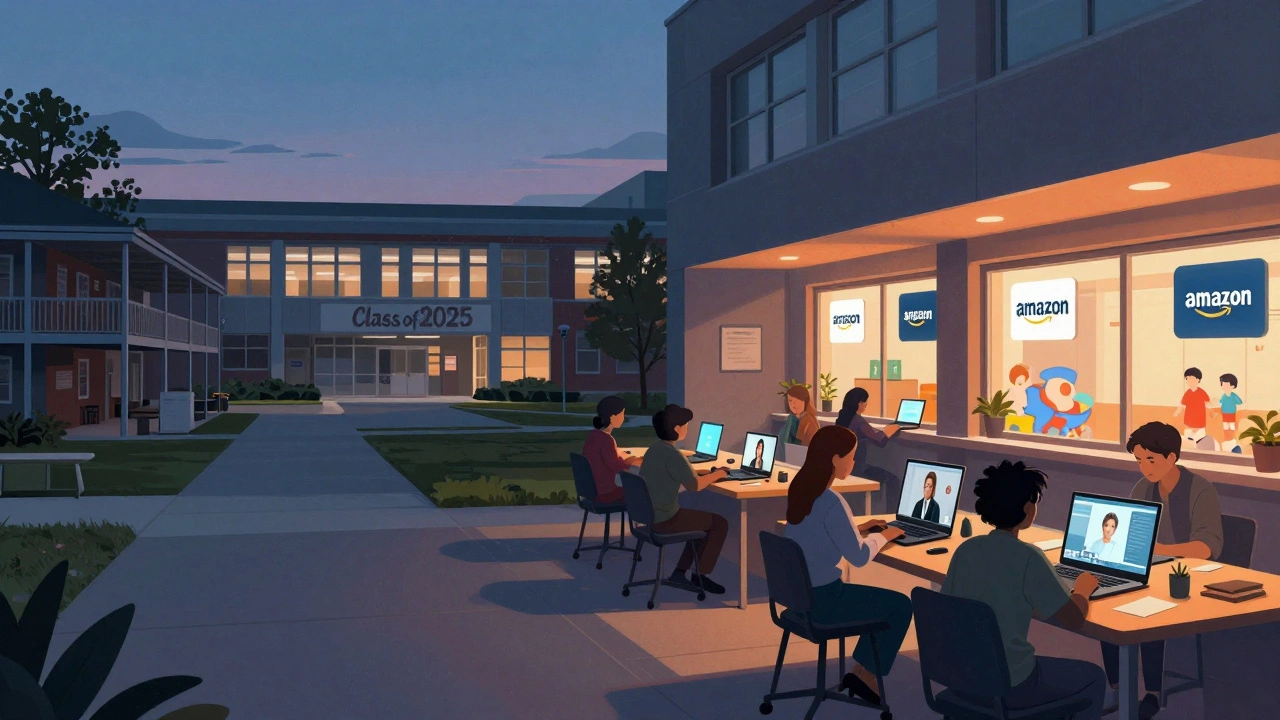 Split campus scene: abandoned dorms on one side, adult students learning online on the other