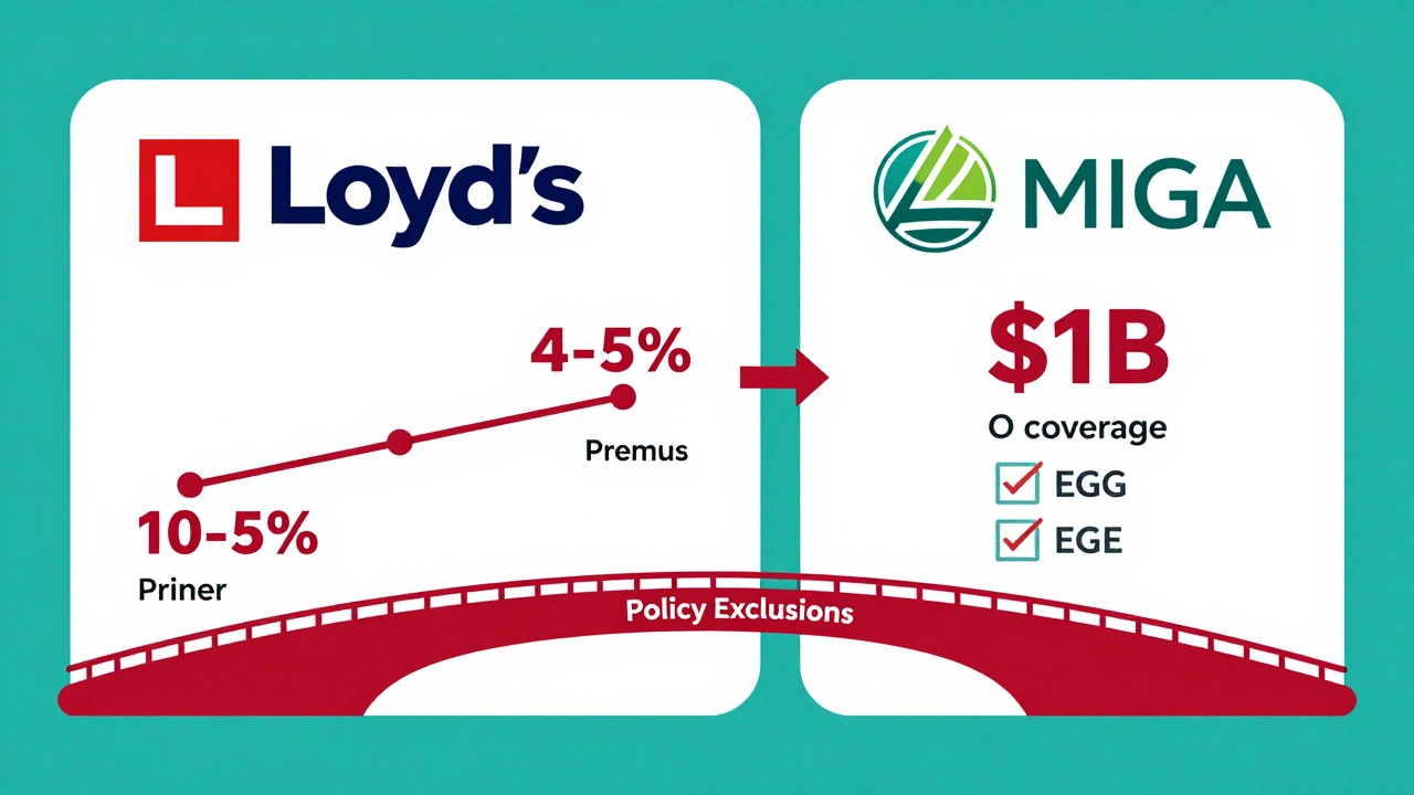 Split illustration comparing private and public political risk insurers with contract terms and ESG requirements.