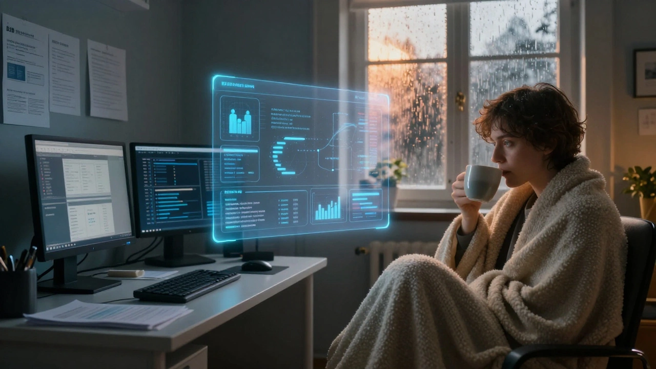 Split scene: clinical office on left, cozy intimate space on right, with an AI interface hovering between them.