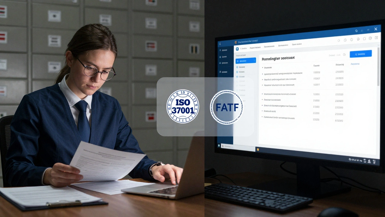 Split scene: traditional paper-based compliance vs. modern AI-driven regulatory automation.