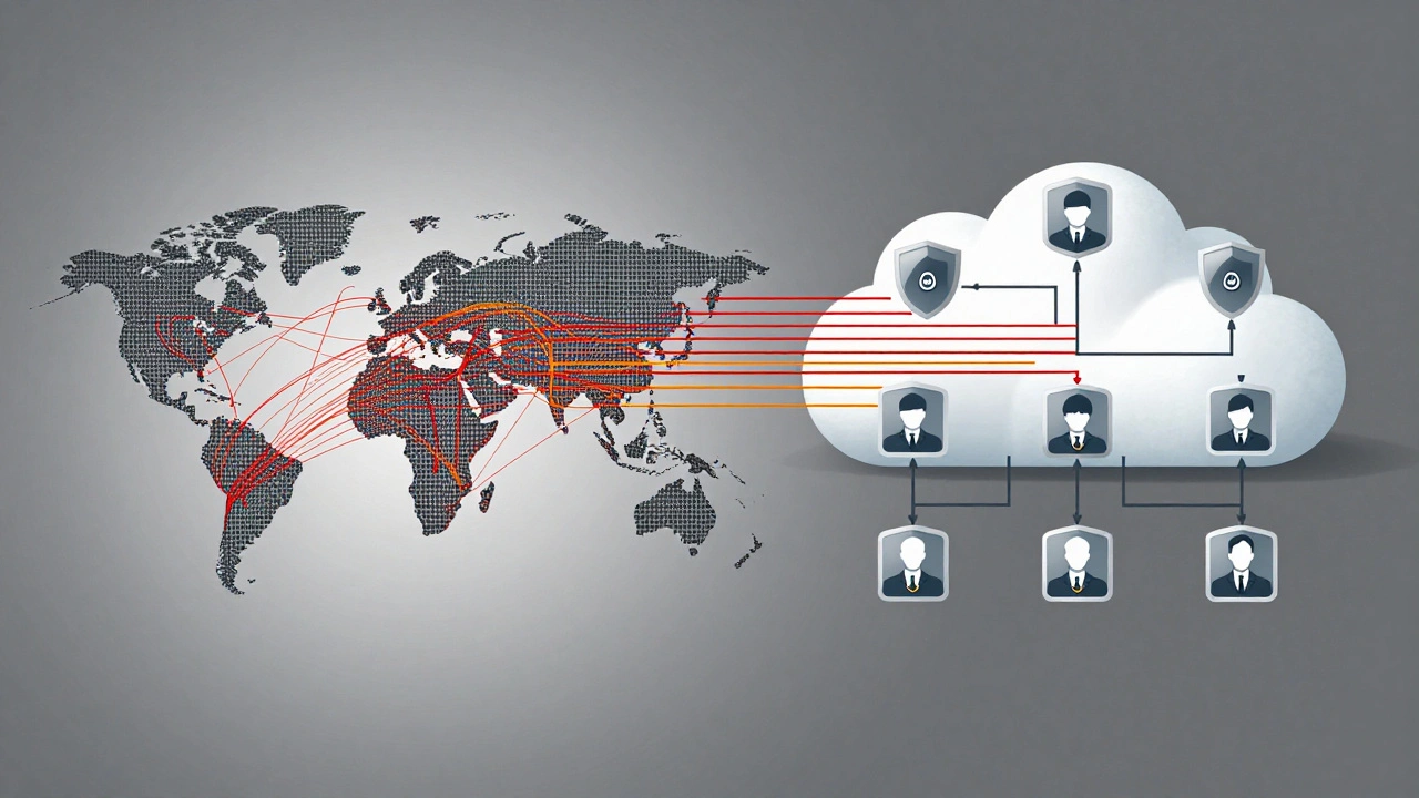 Split-screen comparison of global cloud data flows versus sovereign cloud with localized, compliant routing.