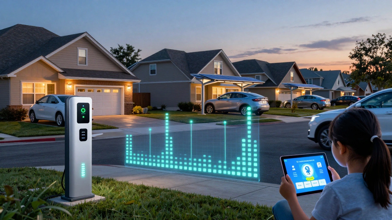 Suburban neighborhood at dusk with smart home devices responding to grid signals, EVs charging, and subtle energy indicators.