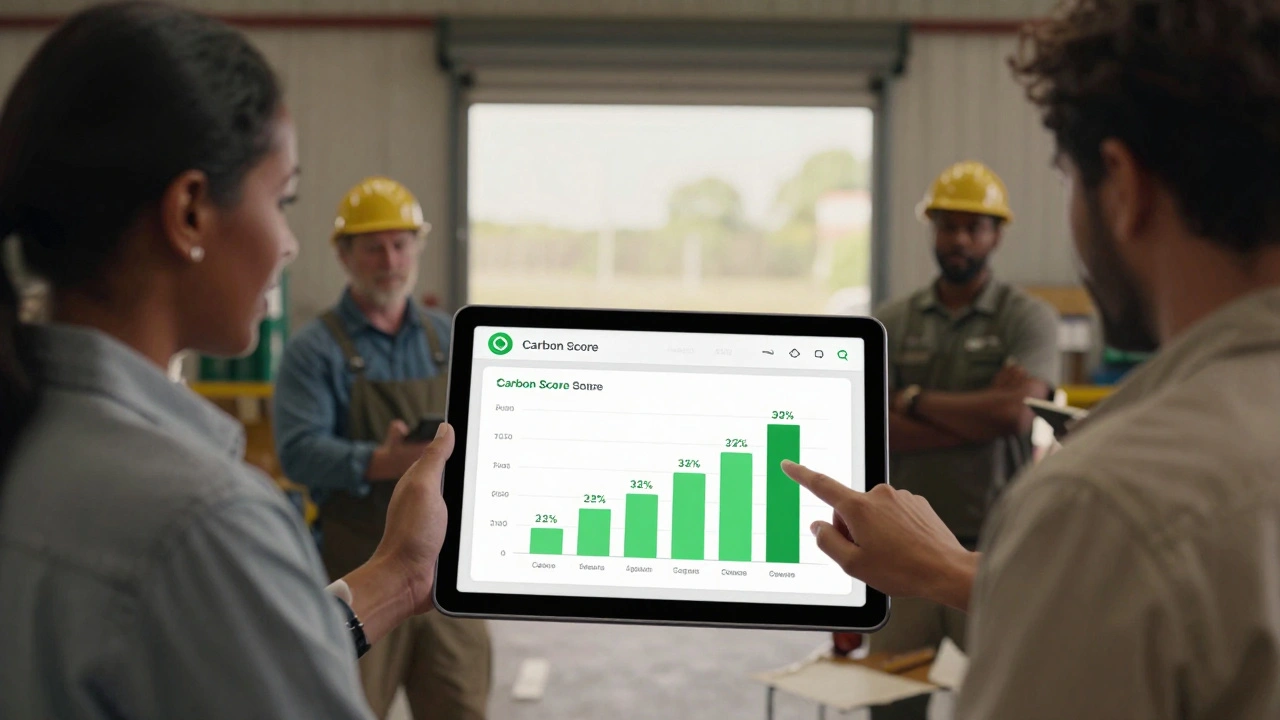 Suppliers viewing a carbon score interface with a sustainability manager guiding them.