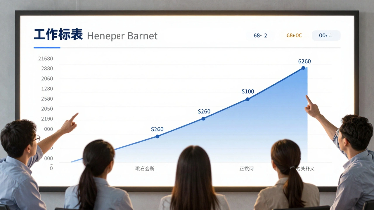 Team reviewing salary bands and career paths on a digital dashboard in a modern workspace.