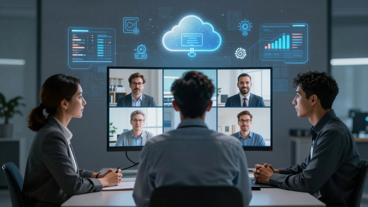 Three diverse professionals collaborate virtually, their faces lit by screens showing tech and finance icons.