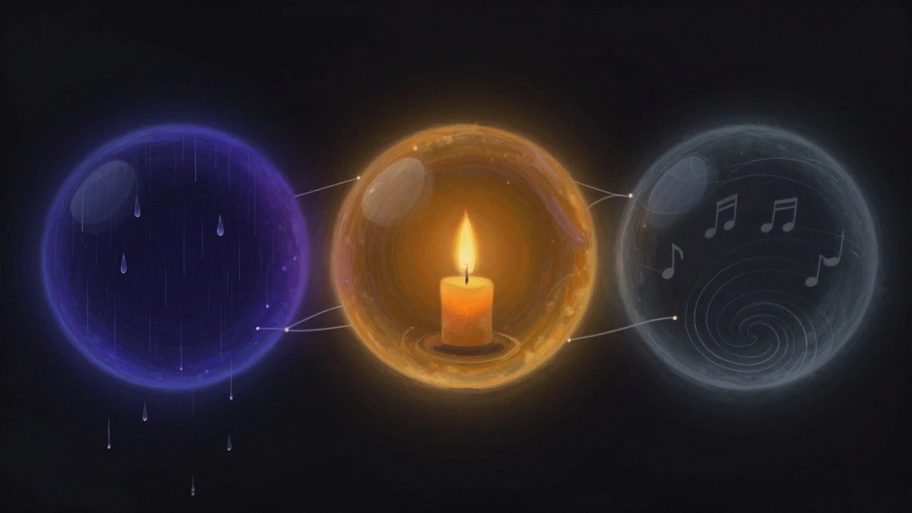 Three glowing emotional orbs in darkness, each representing a different mood with visualized elements like rain, light, and sound.