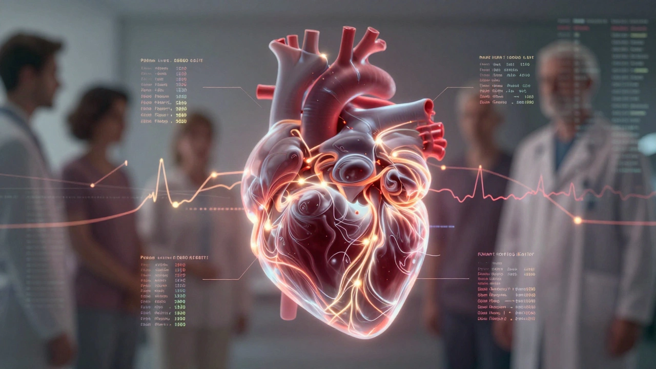 Transparent heart with AI data streams, one side distorted by biased training data.