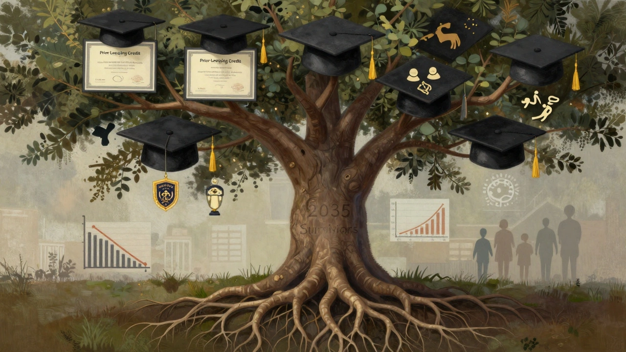 Tree with graduation cap roots and branches symbolizing education adaptations like prior learning and childcare support