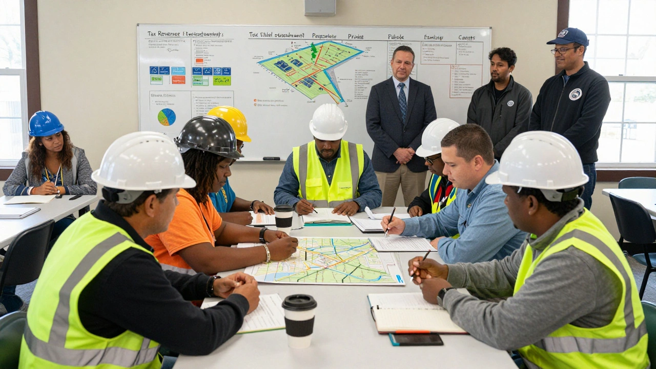 Workers and officials collaborating on a just transition plan in a community center.