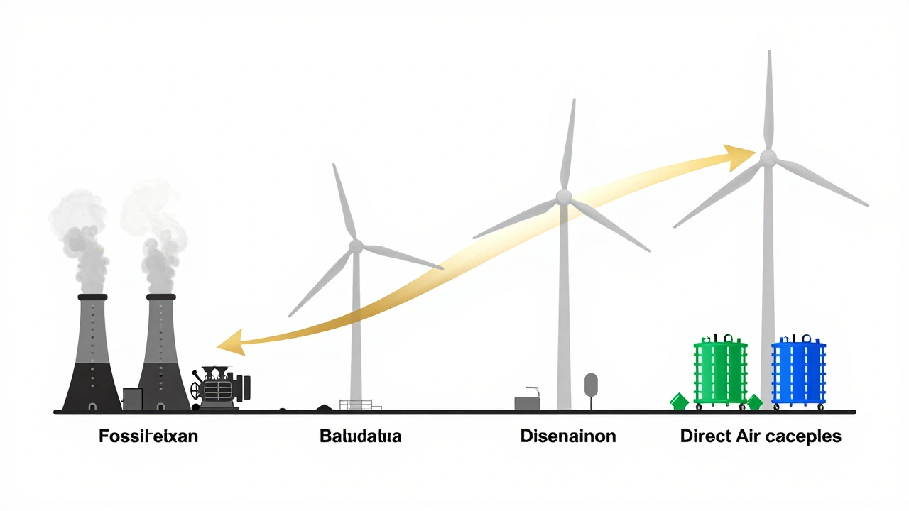 A balance sheet shifting from coal and diesel infrastructure to wind turbines, hydrogen reactors, and carbon capture systems.