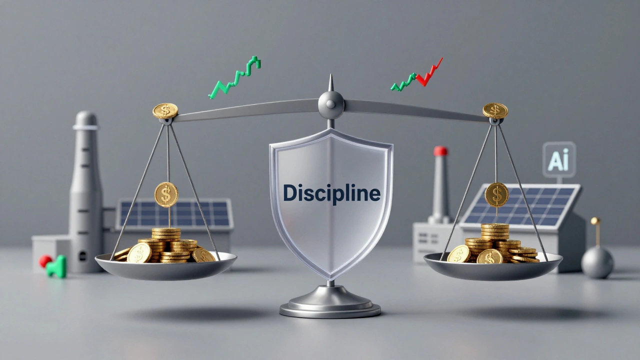 A balanced scale with cash, shares, and capex symbols held steady by a shield labeled 'Discipline'.