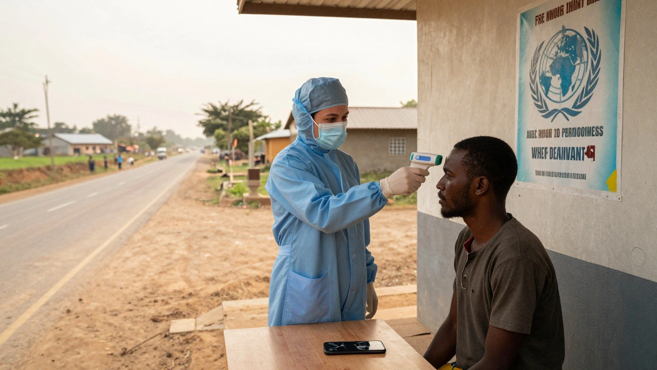 A border health worker checking a traveler's temperature at a rural crossing.