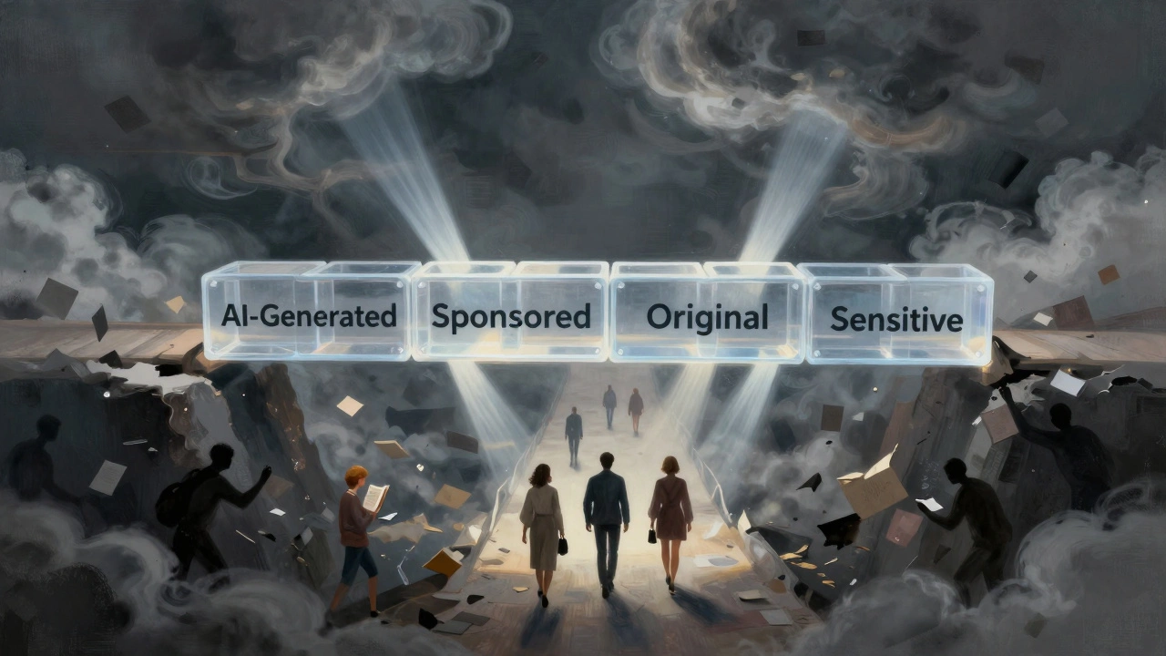 A bridge made of labeled digital blocks spanning a cloud of misinformation, with readers walking safely across.