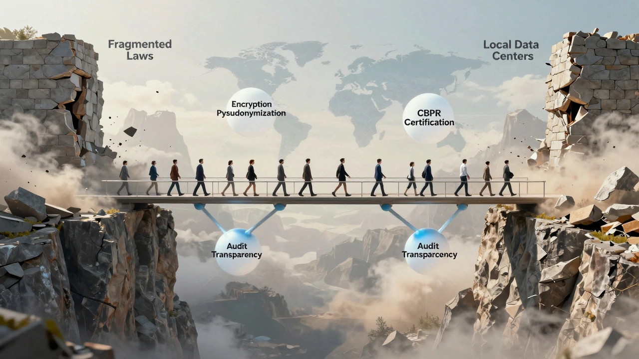 A bridge of trust and transparency spans the divide between fragmented data laws and global interoperability.