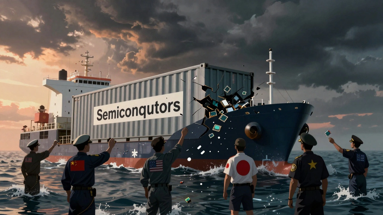 A cargo ship frozen at sea, spilling microchips into the ocean as shadowy naval figures reach for them, symbolizing global trade and tech disruption.