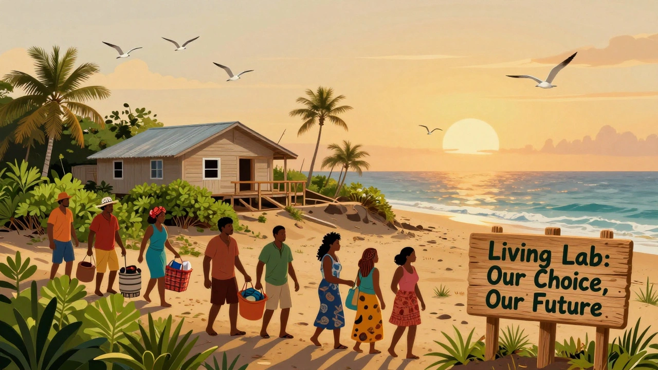 A coastal community in Dominica relocating peacefully to higher ground as nature reclaims their former homes.