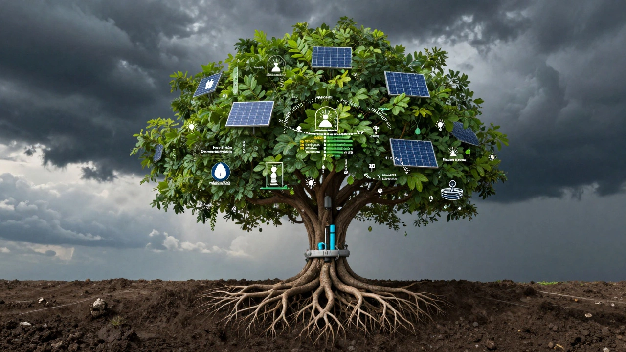 A contract transforming into a resilient tree with climate data leaves, representing adaptive infrastructure that evolves with changing environmental conditions.