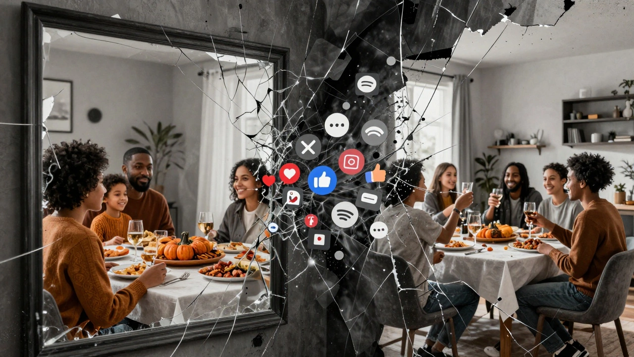 A cracked mirror reflects two different family scenes, with social media icons crashing between them.
