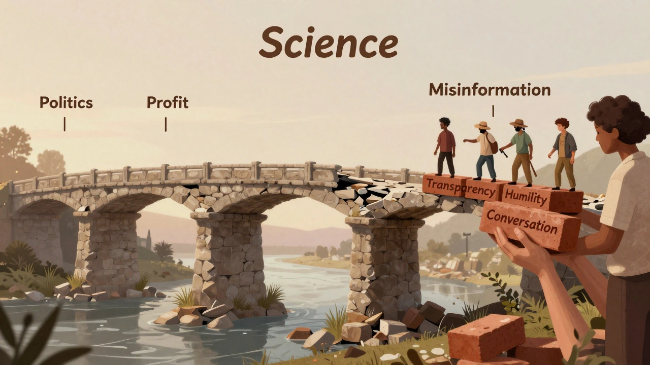 A crumbling bridge of science is being rebuilt by community hands with new values of transparency and humility.