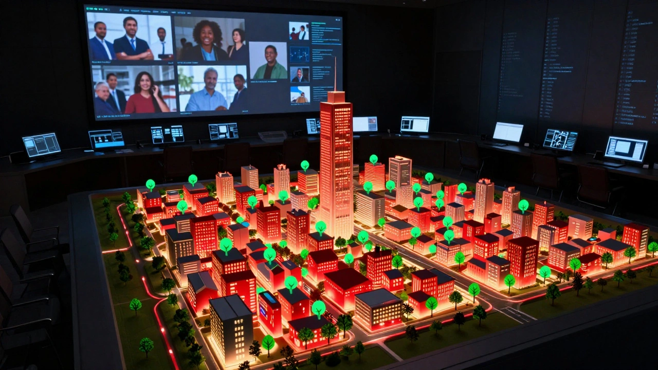 A digital city model with heat maps and green interventions being planned, reflecting data-driven equity efforts.