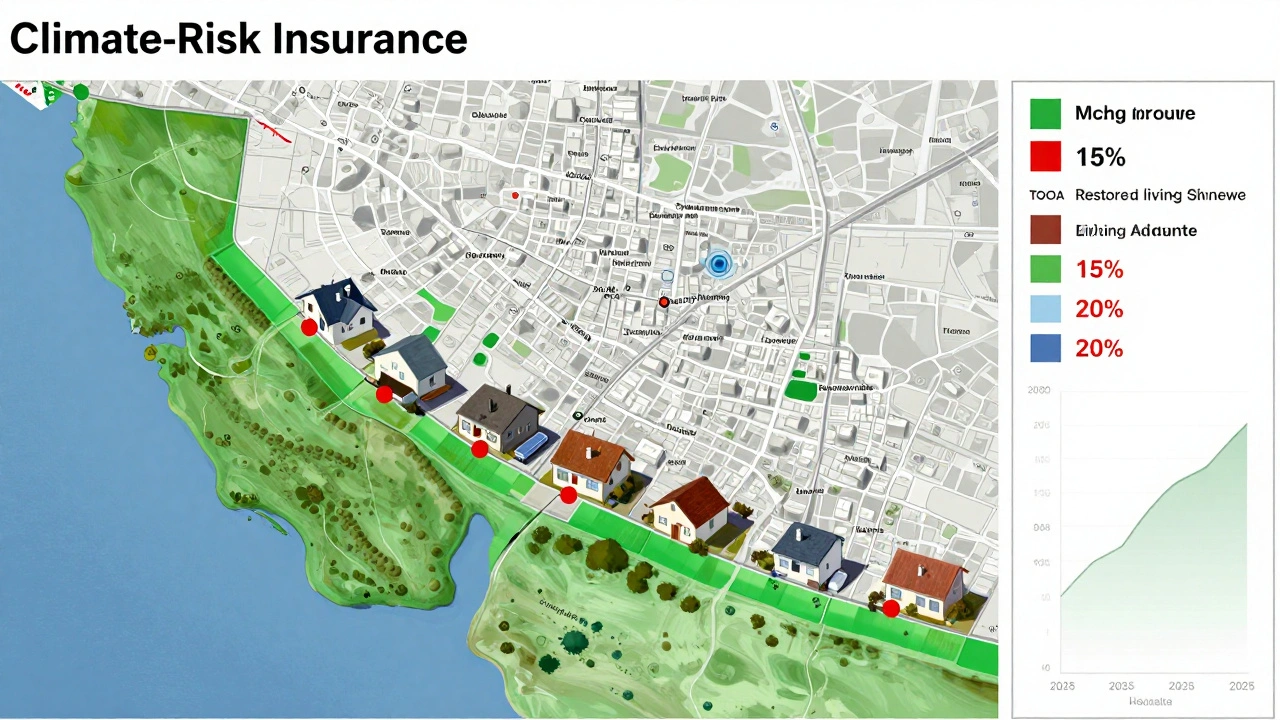 A digital insurance dashboard showing risk-based premiums and nature-based adaptations along a rising coastline.