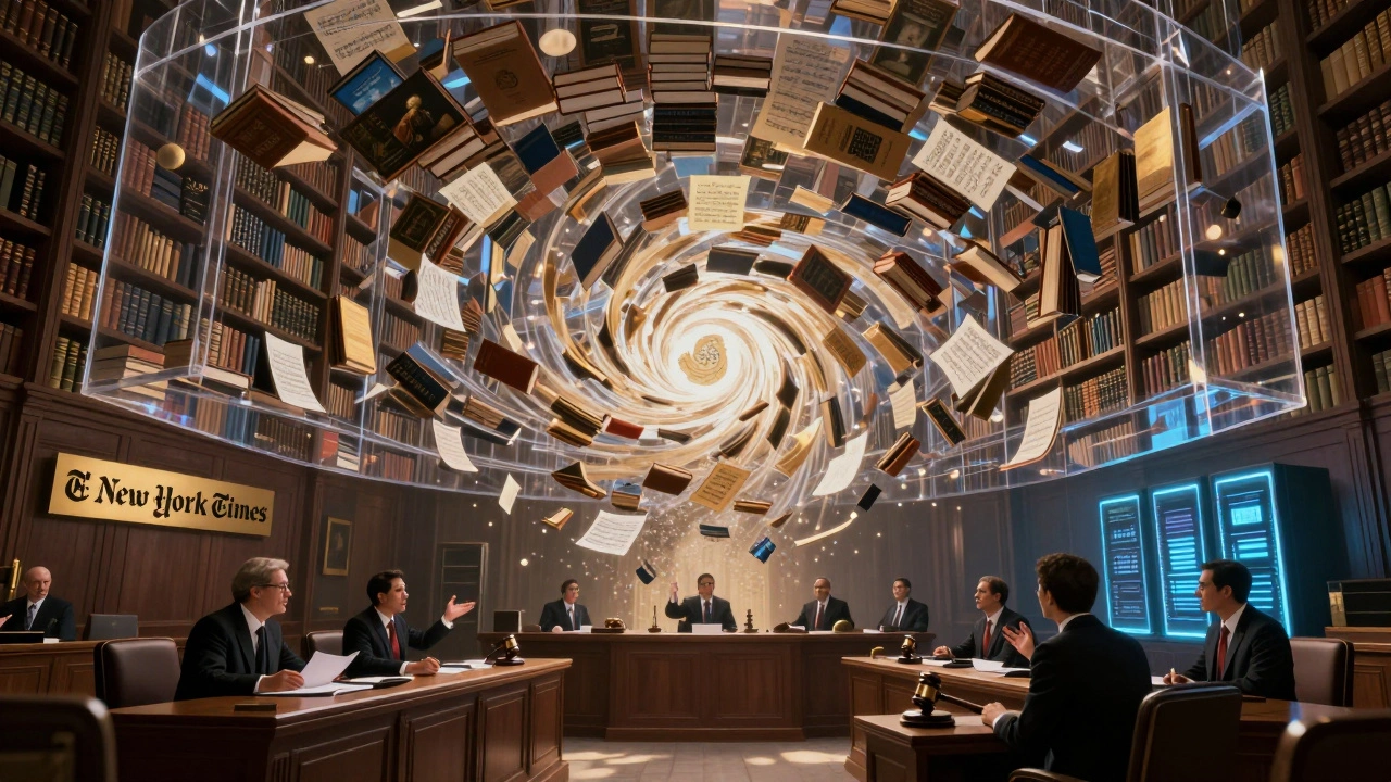 A digital library feeds copyrighted works into an AI vortex as a courtroom drama unfolds below.