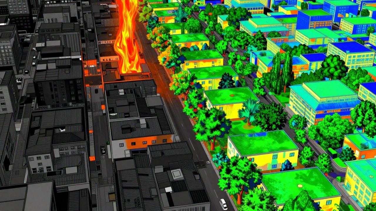 A divided city: one side barren and hot, the other green and cool, with thermal data showing temperature differences.