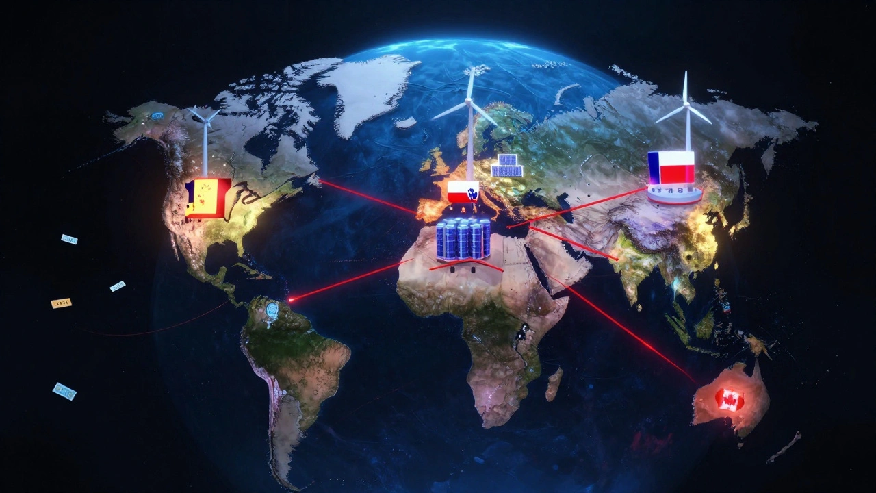 A fractured globe showing regional investment blocs glowing with green energy projects, while distant connections are broken.