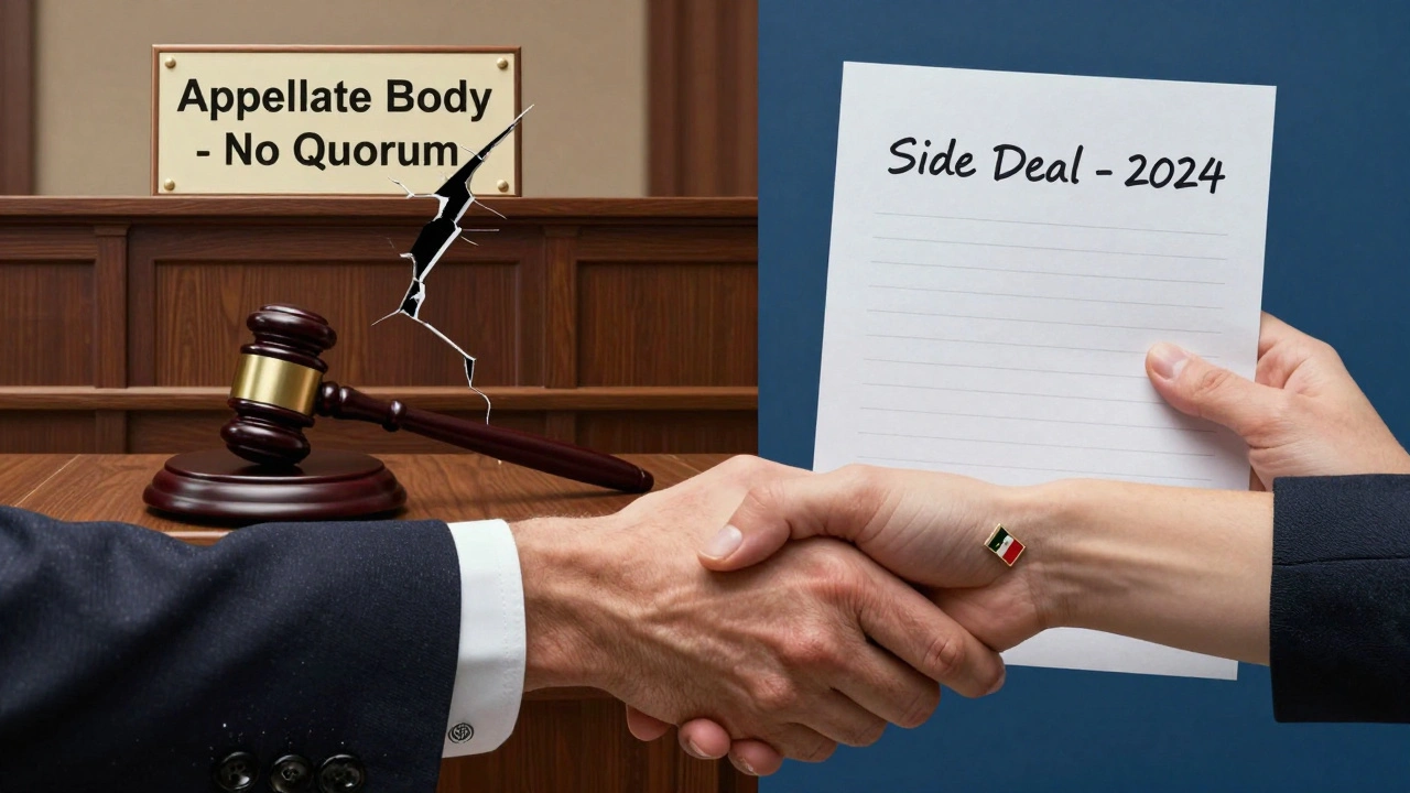A fractured scene showing a broken appellate bench and two hands sealing a private trade deal.
