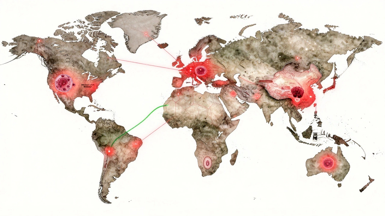 A global map with red pathways showing how antibiotic resistance spreads from farms to hospitals across continents.