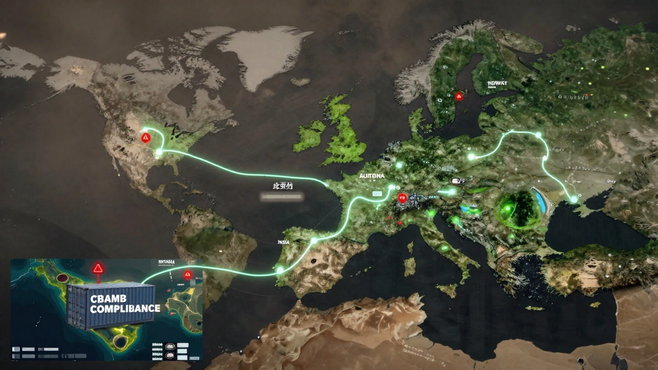 A global supply chain map with red warning paths for high-emission regions and green clean routes, overlaid with satellite imagery of deforestation.