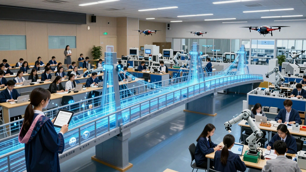 A glowing data bridge linking a university to a Shenzhen factory, representing academic-industry integration.