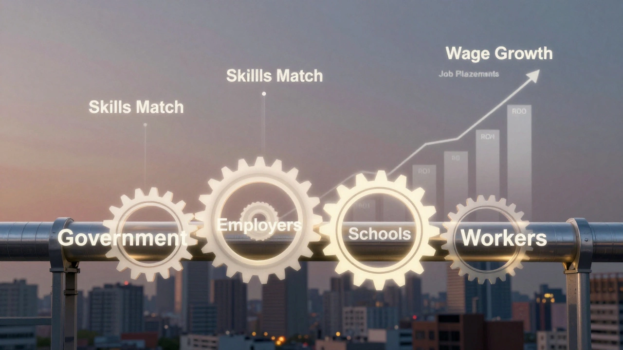 A glowing pipeline of interconnected sectors showing how government, employers, schools, and workers jointly build workforce skills.