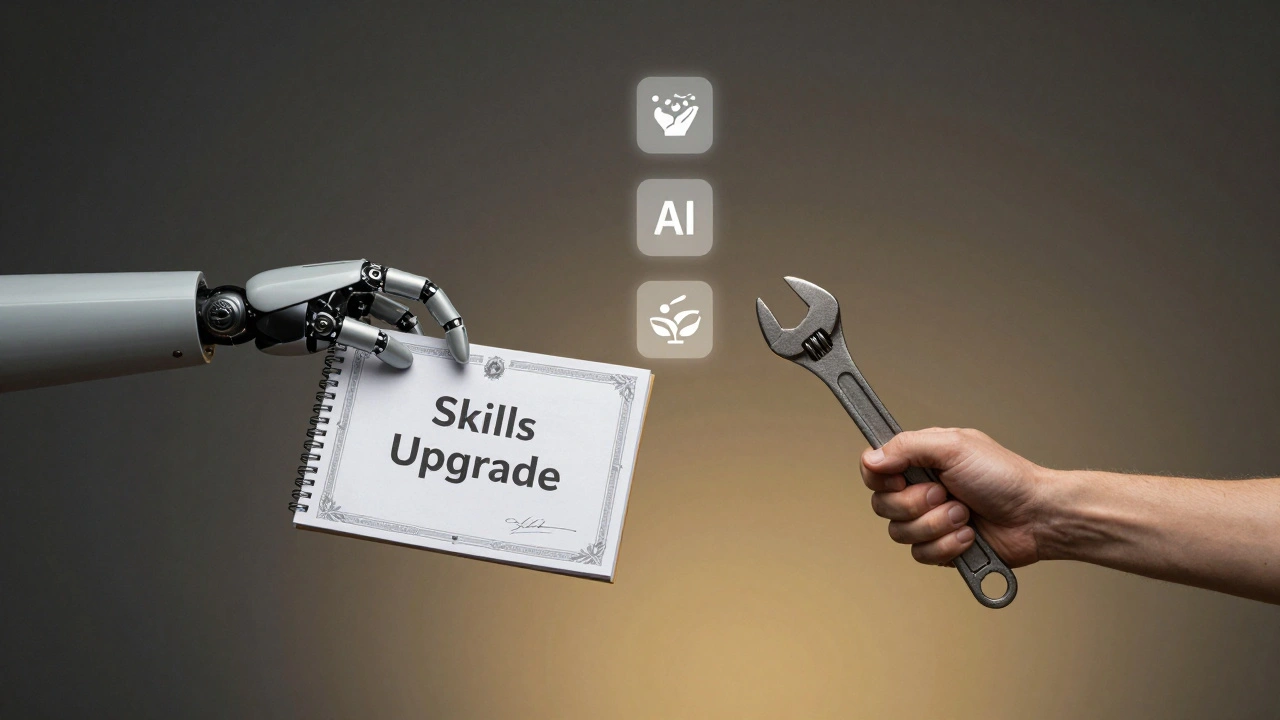 A human hand and robotic hand reaching toward each other with icons of care, education, and AI between them.