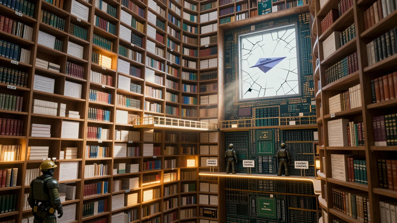 A library of national patent shelves is partially connected by glowing bridges, while others remain locked and guarded.