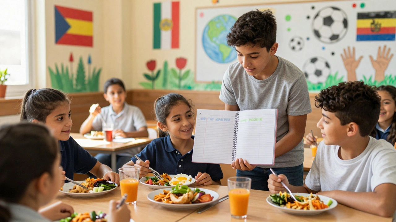 A local student helps a refugee child in a colorful classroom with bilingual notebooks and murals of global cultures.