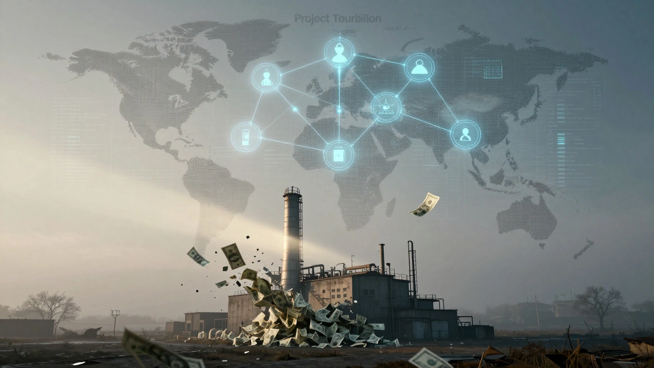 A lone factory withstands a wave of dissolving currency, while a blockchain network glows above with real-time capital data.