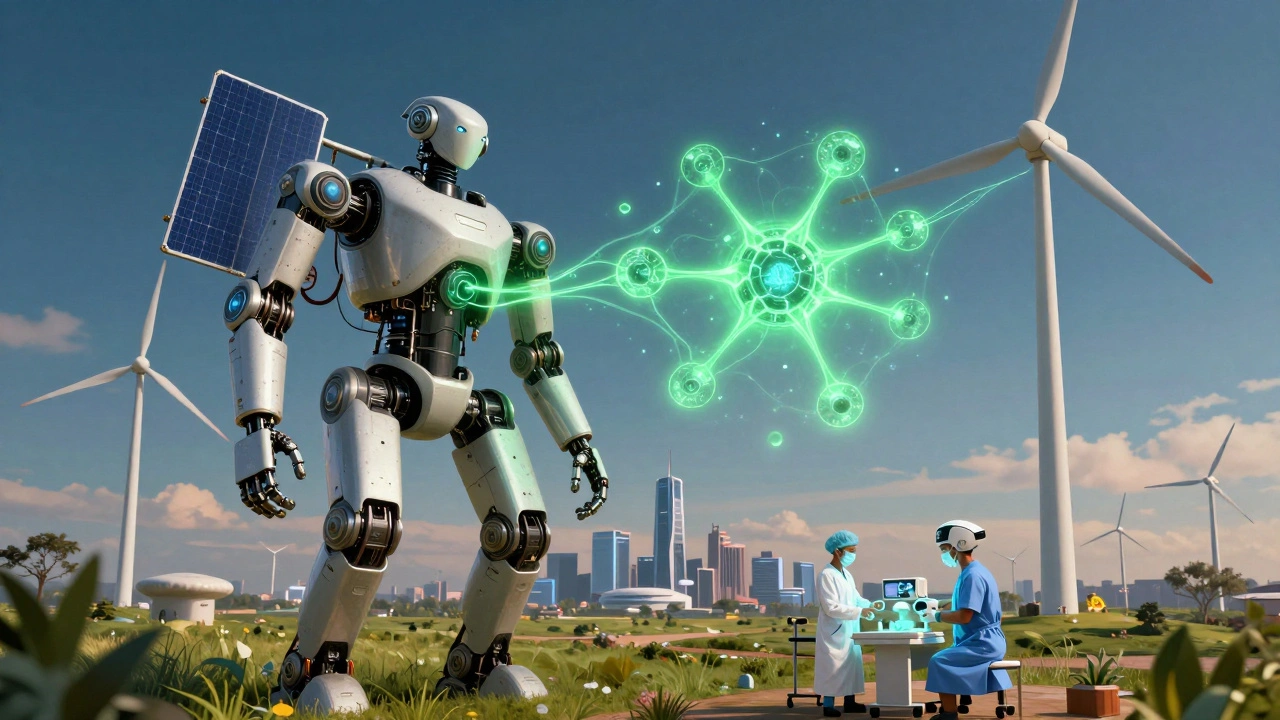 A robotic figure powered by green energy veins, standing beside a wind turbine with an AI core, surrounded by futuristic energy infrastructure.