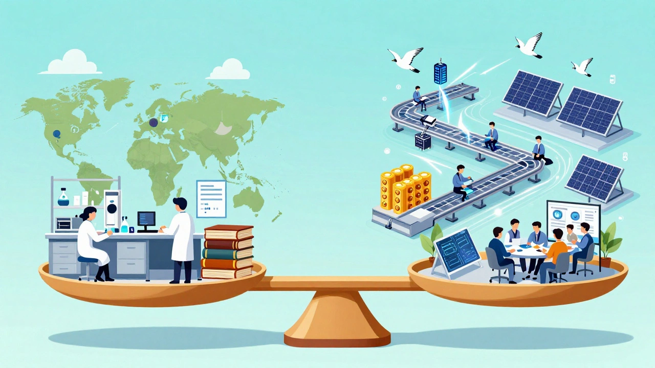 A scale balancing slow European research against fast Chinese tech output with AI chips and solar panels.